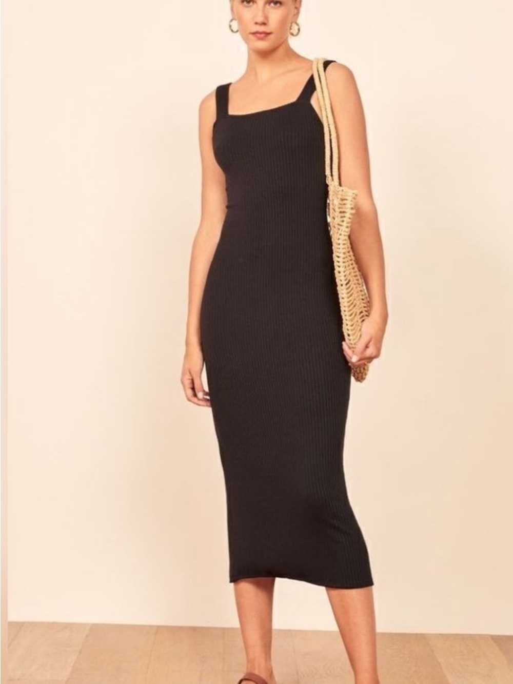 Reformation Black Ribbed Square-Neck Midi Dress